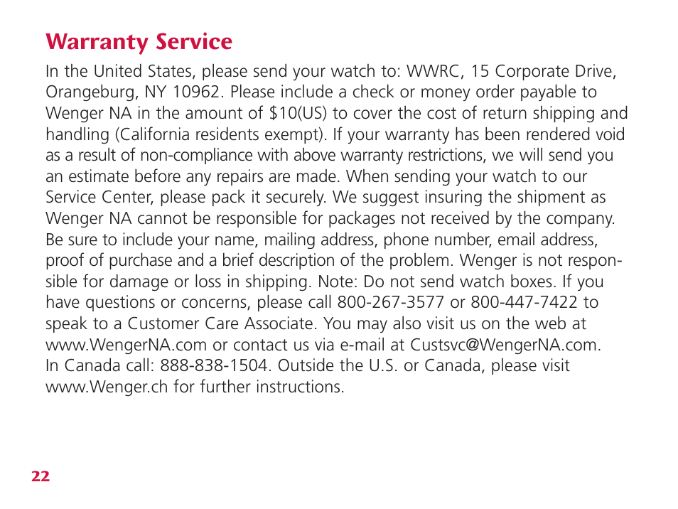 Warranty service | Wenger Nomad User Manual | Page 23 / 26