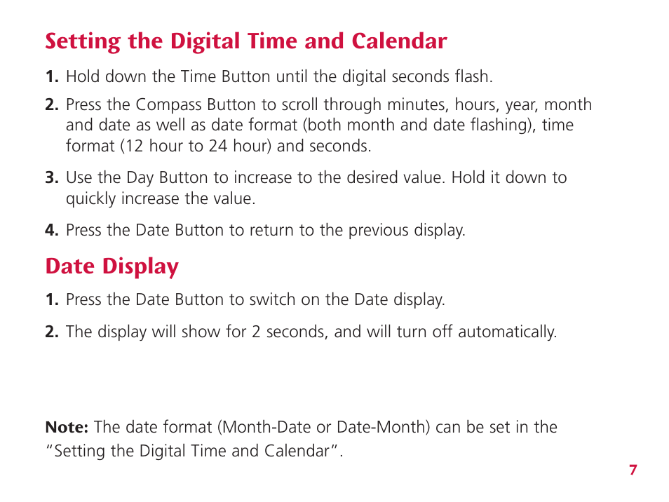 Setting the digital time and calendar, Date display | Wenger Nomad User Manual | Page 8 / 26