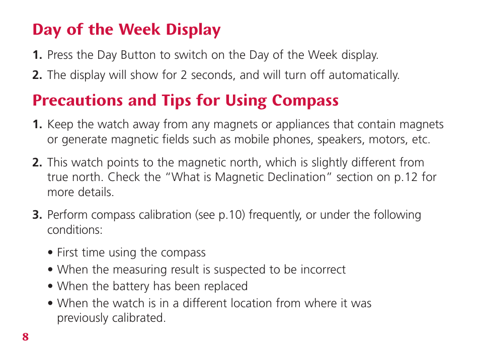 Day of the week display, Precautions and tips for using compass | Wenger Nomad User Manual | Page 9 / 26