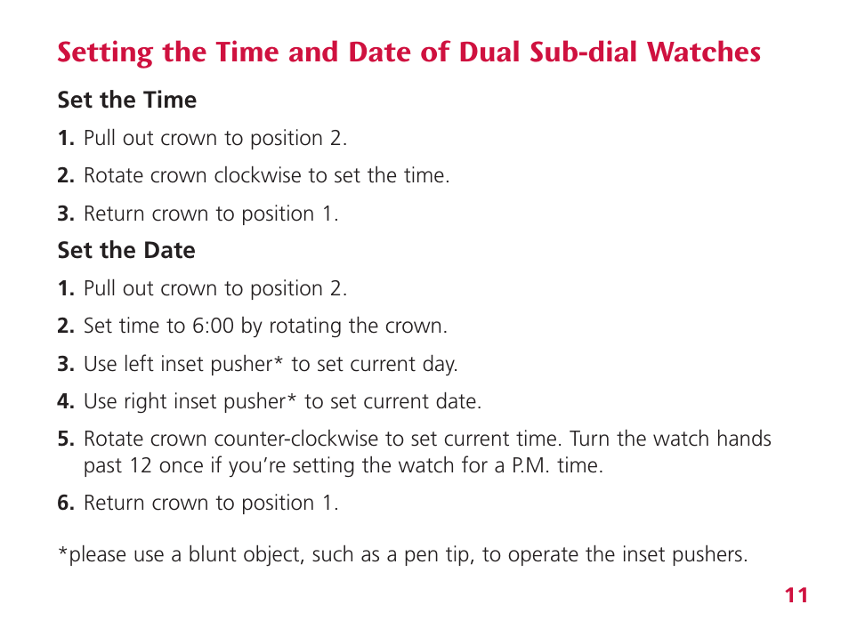 Setting the time and date of dual sub-dial watches | Wenger Battalion Diver III User Manual | Page 12 / 26