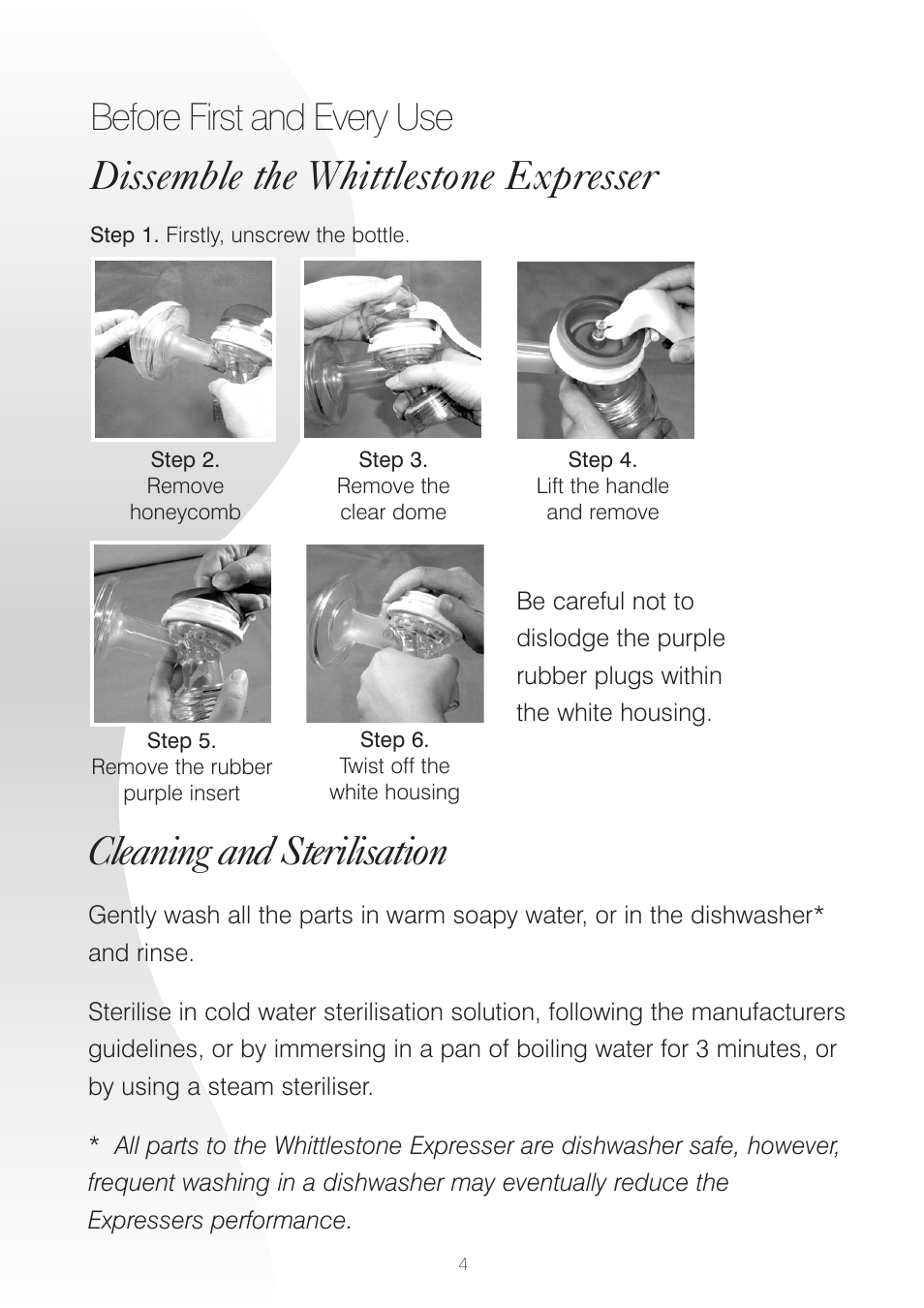 Cleaning and sterilisation, Dissemble the whittlestone expresser, Before first and every use | Whittlestone Expresser User Manual | Page 4 / 8