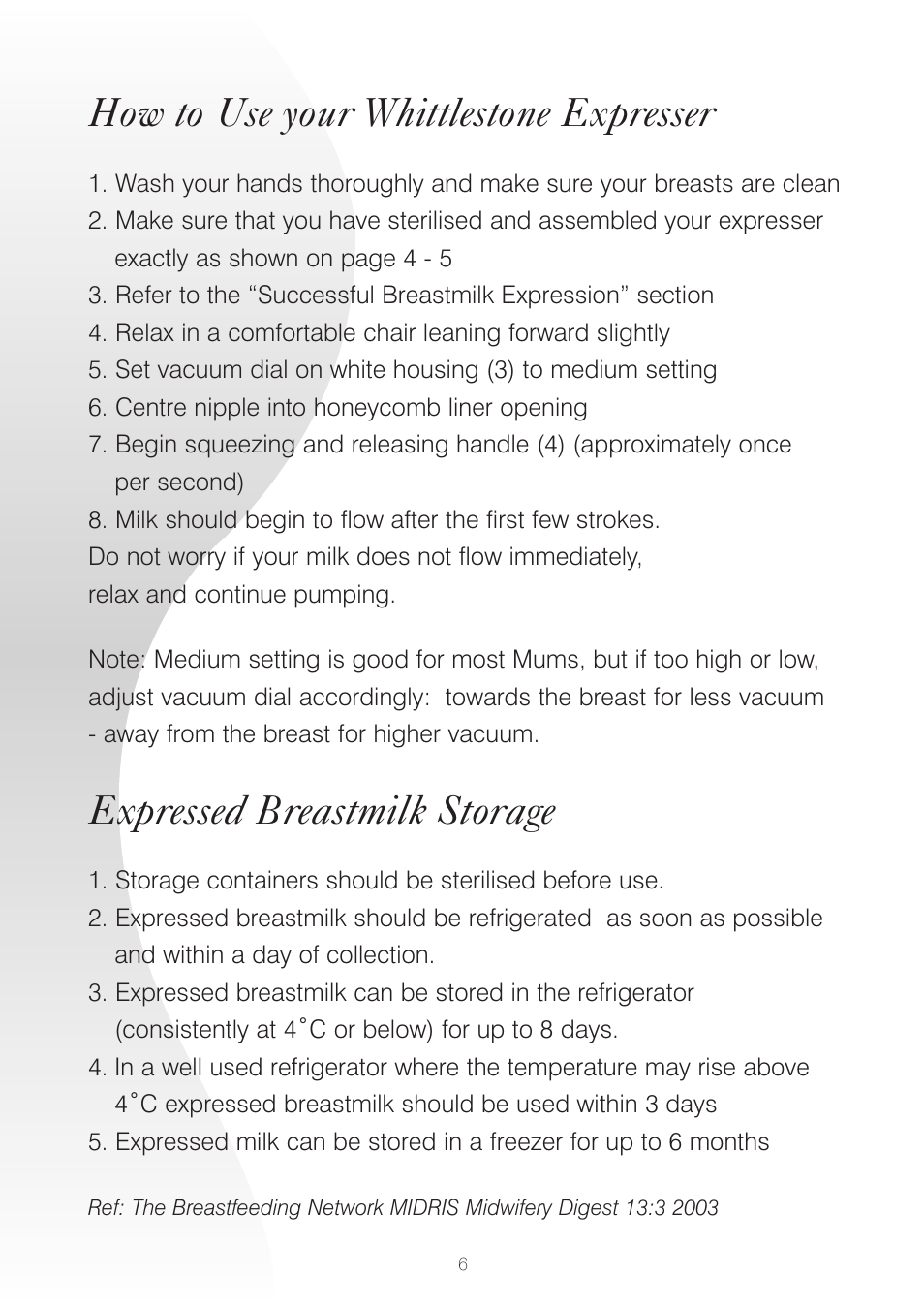 How to use your whittlestone expresser, Expressed breastmilk storage | Whittlestone Expresser User Manual | Page 6 / 8