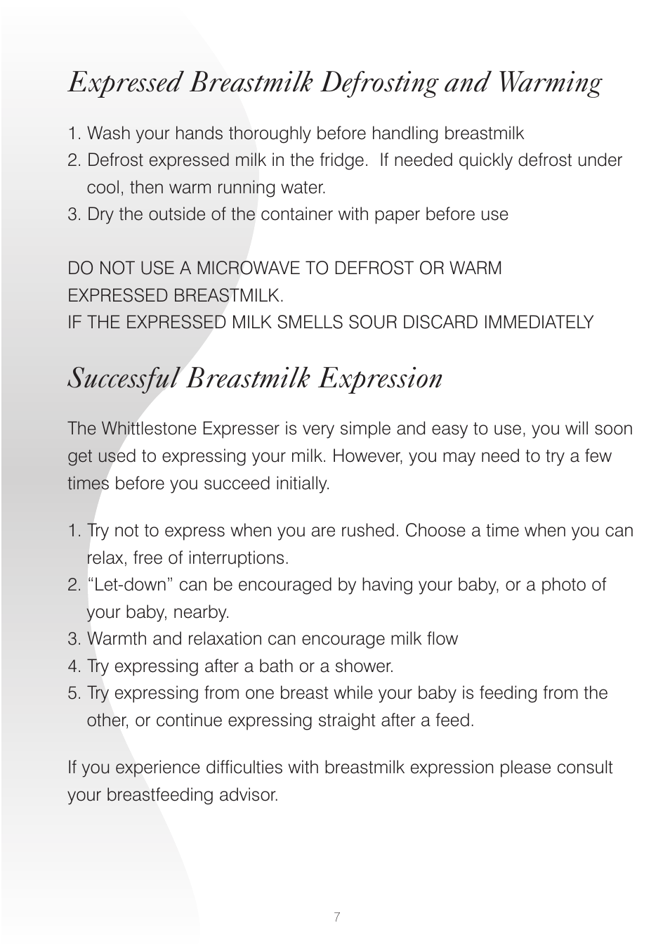 Expressed breastmilk defrosting and warming, Successful breastmilk expression | Whittlestone Expresser User Manual | Page 7 / 8