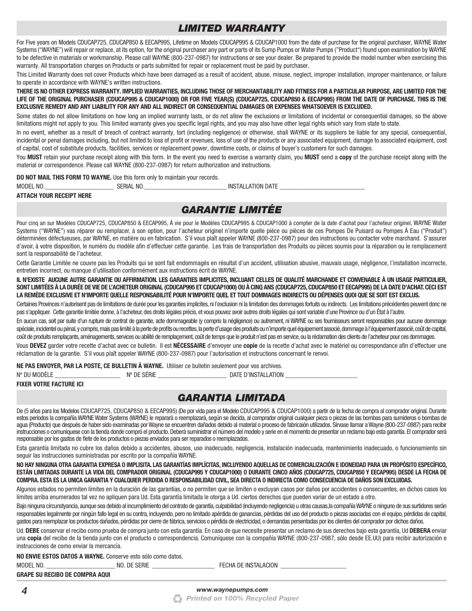 Limited warranty, Garantie limitée, Garantia limitada | Wayne EECAP995 User Manual | Page 4 / 4