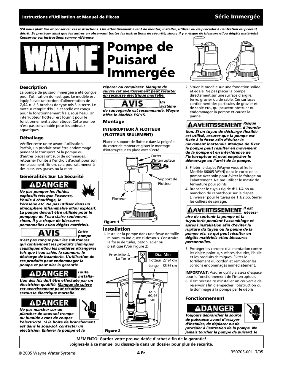 Pompe de puisard immergée, Série immergée | Wayne 350705-001 User Manual | Page 4 / 8