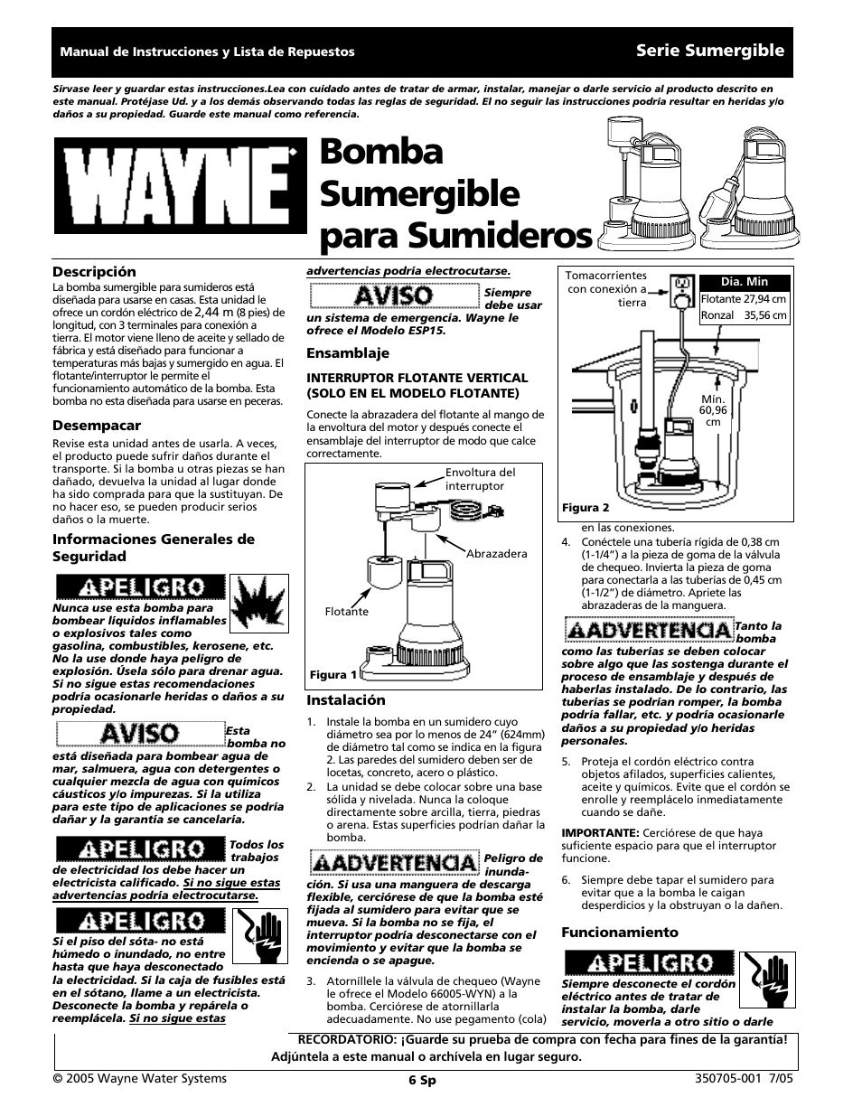 Bomba sumergible para sumideros, Serie sumergible | Wayne 350705-001 User Manual | Page 6 / 8