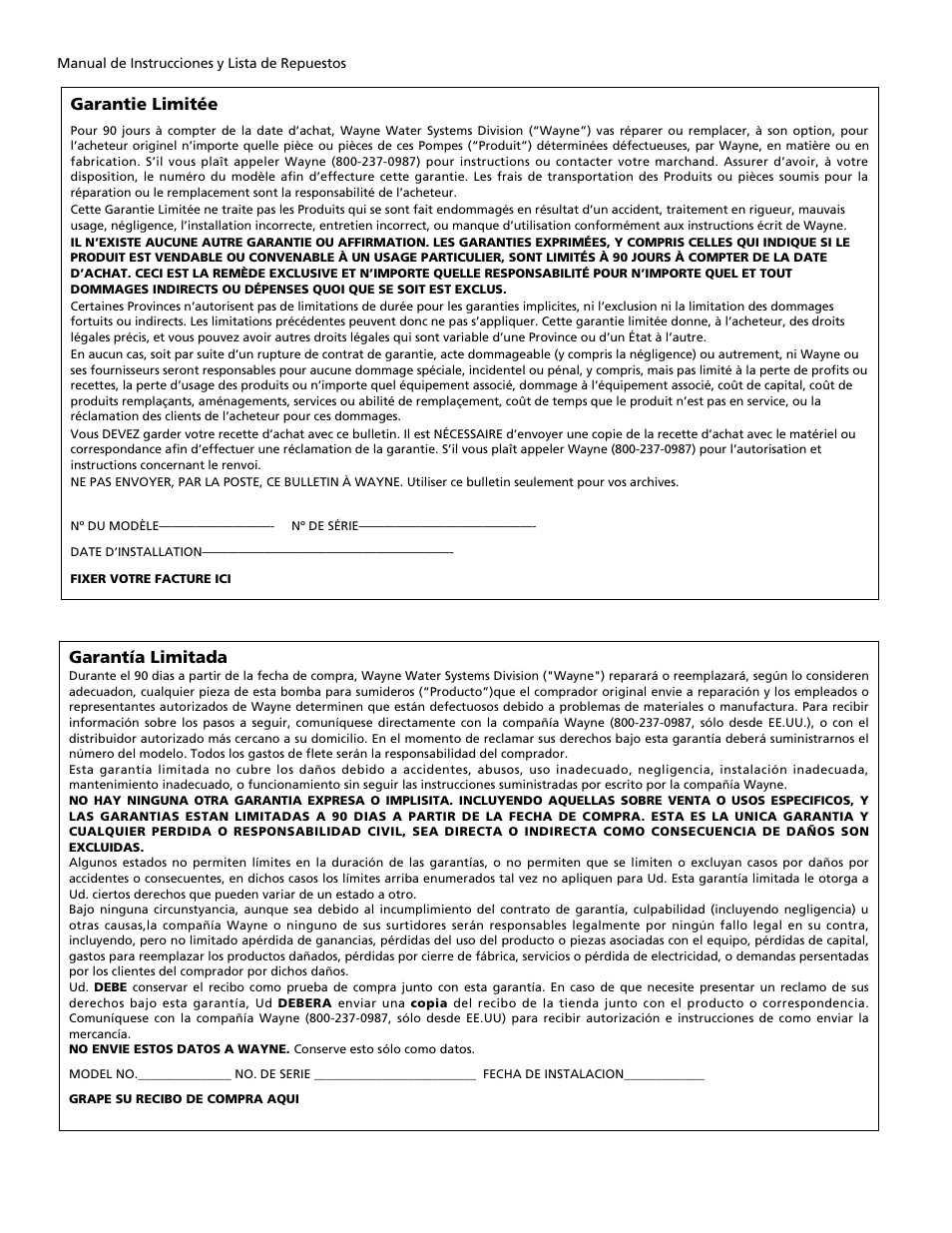 Garantía limitada, Garantie limitée | Wayne 350705-001 User Manual | Page 8 / 8
