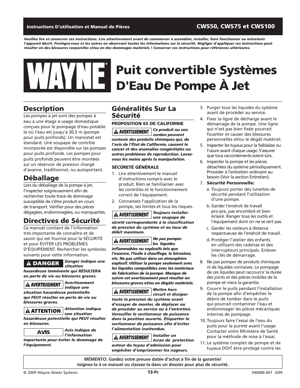 Puit convertible systèmes d'eau de pompe à jet, Généralités sur la sécurité, Description | Déballage, Directives de sécurité | Wayne CWS50 User Manual | Page 13 / 36