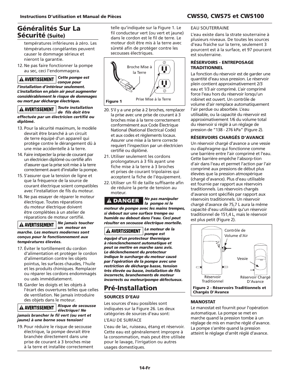 Généralités sur la sécurité, Pré-installation, Suite) | Wayne CWS50 User Manual | Page 14 / 36