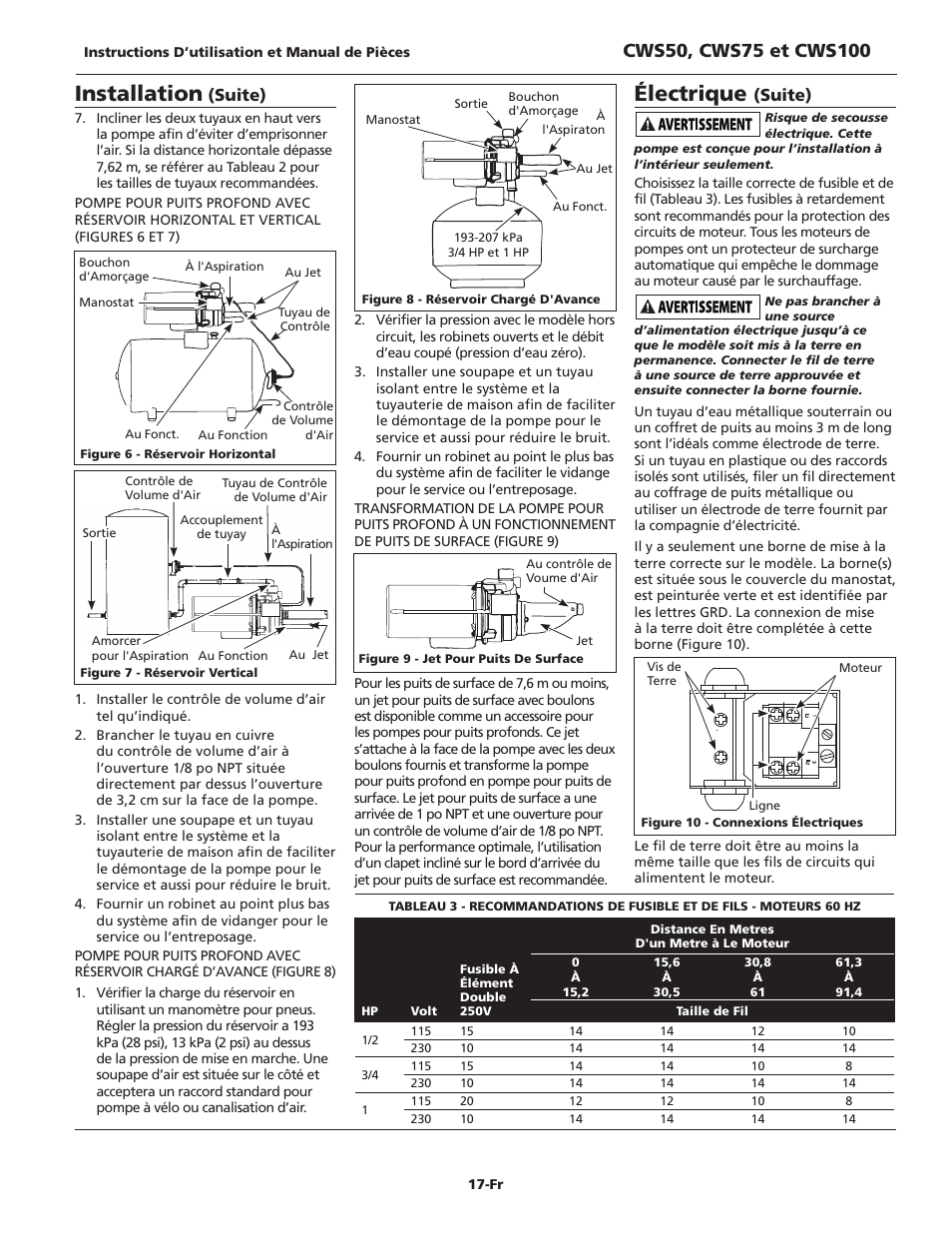 Installation, Électrique, Suite) | Wayne CWS50 User Manual | Page 17 / 36