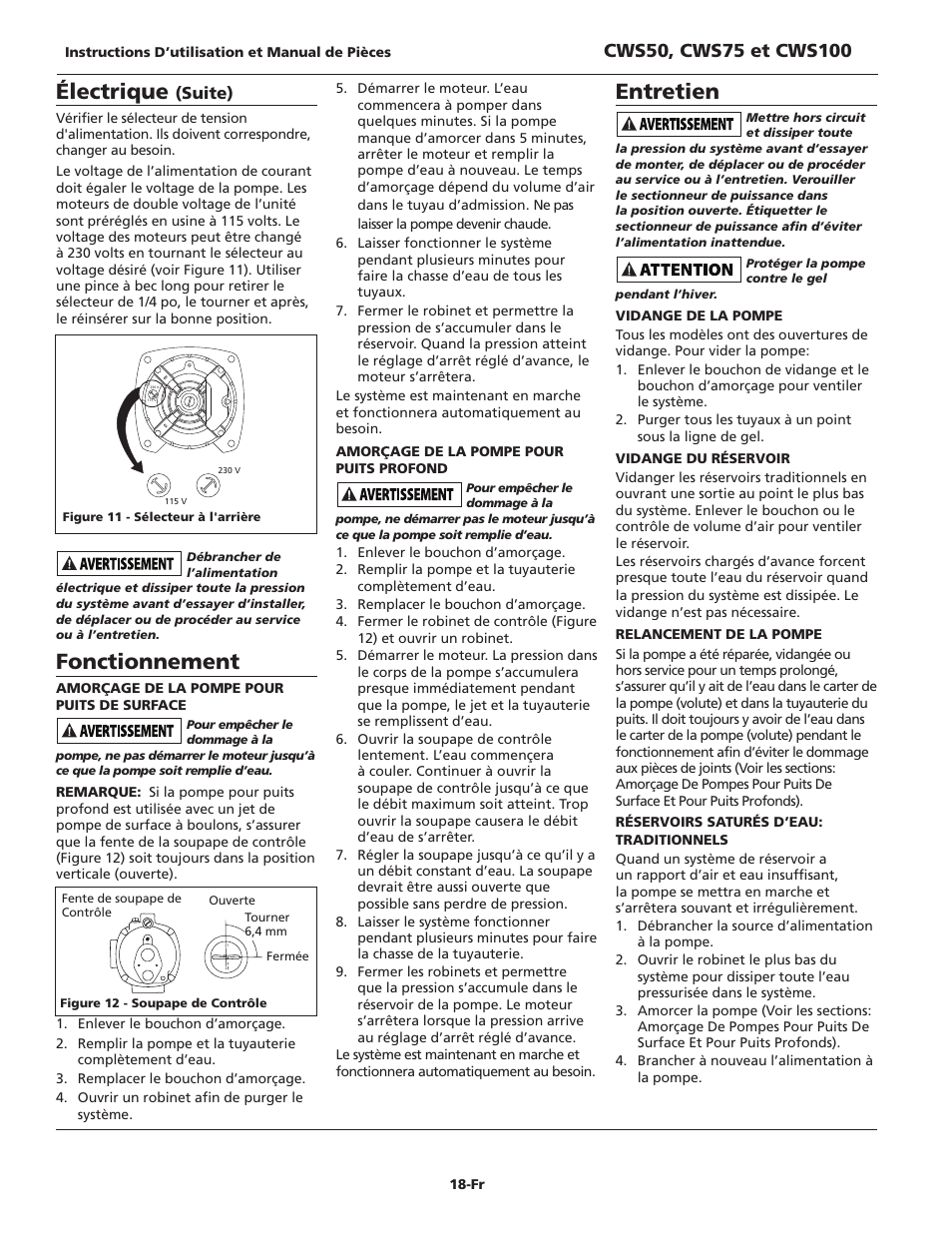 Électrique, Fonctionnement, Entretien | Suite) | Wayne CWS50 User Manual | Page 18 / 36