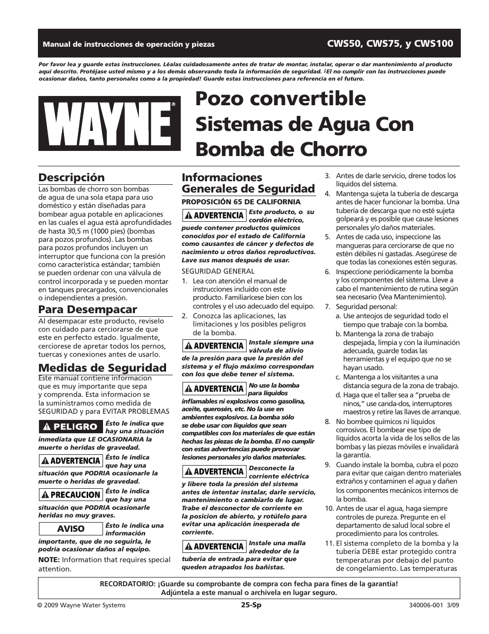 Informaciones generales de seguridad, Descripción, Para desempacar | Medidas de seguridad | Wayne CWS50 User Manual | Page 25 / 36