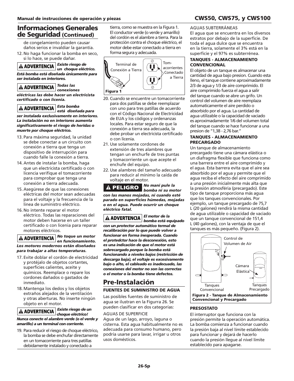 Informaciones generales de seguridad, Pre-instalación, Continued) | Wayne CWS50 User Manual | Page 26 / 36