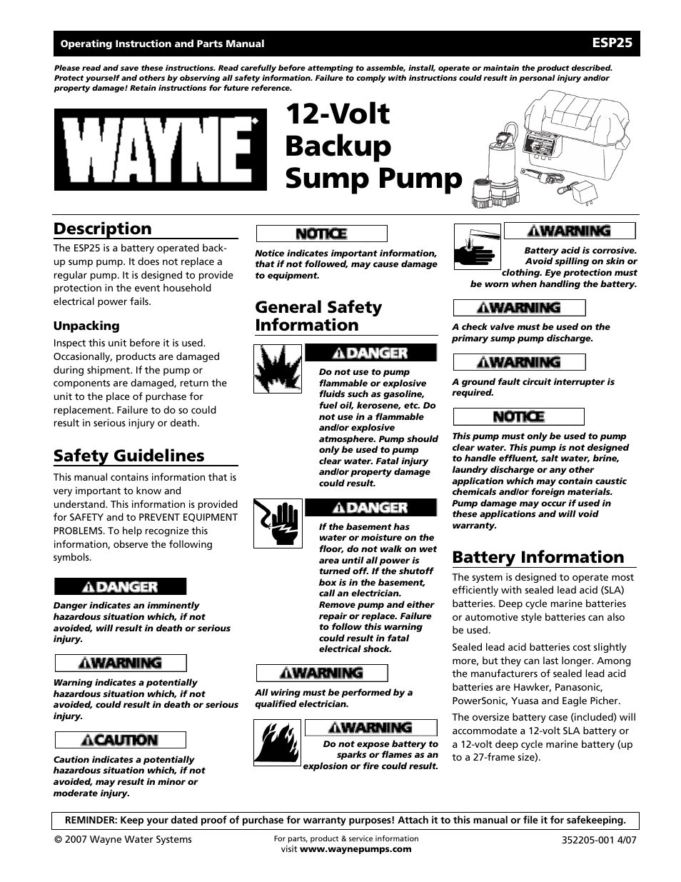 Wayne 352205-001 User Manual | 24 pages