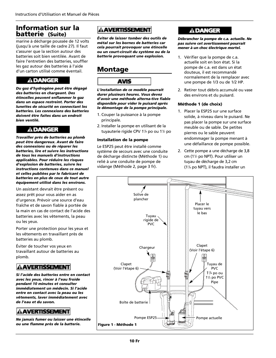 Information sur la batterie, Montage, Suite) | Wayne 352205-001 User Manual | Page 10 / 24