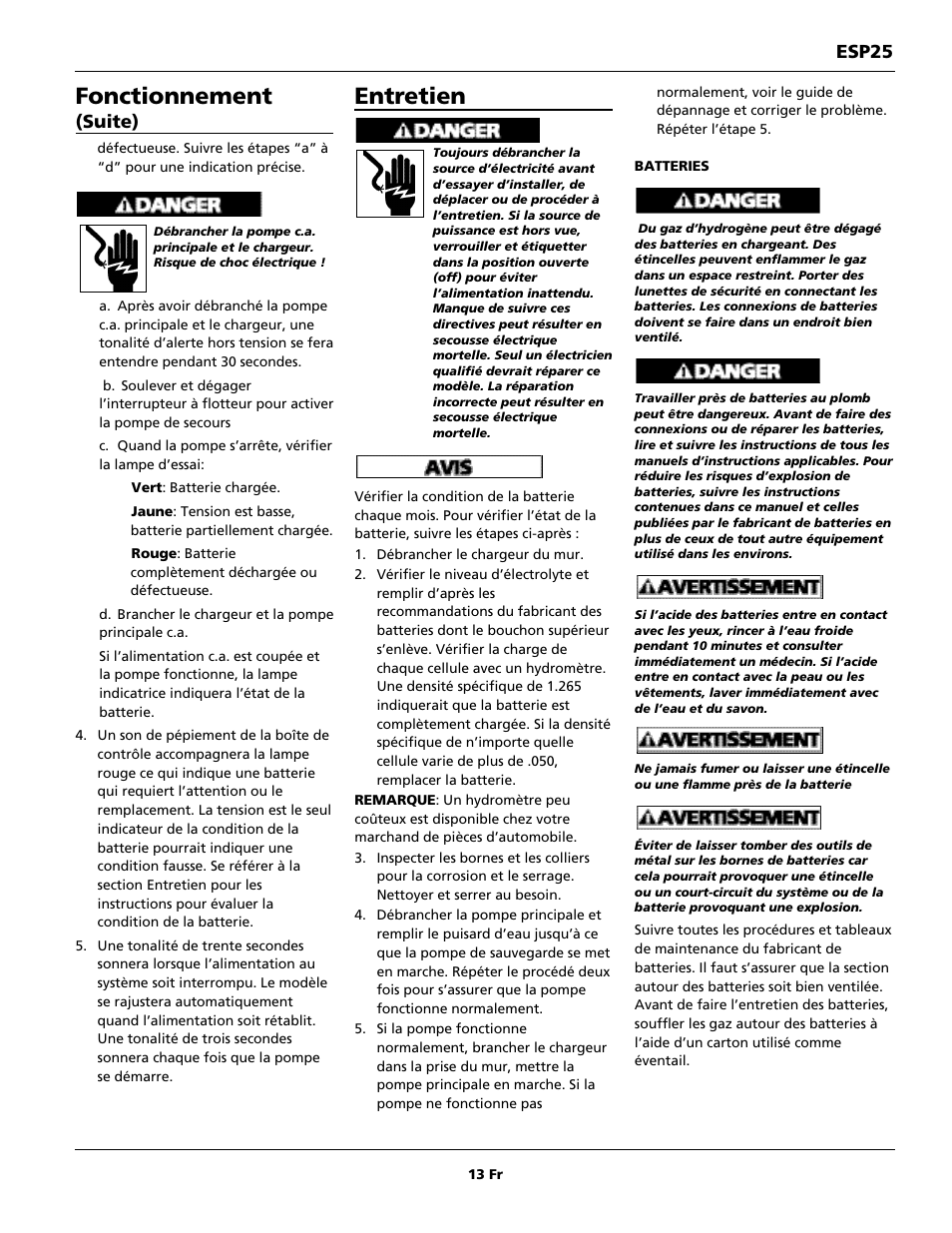 Entretien, Fonctionnement, Esp25 | Suite) | Wayne 352205-001 User Manual | Page 13 / 24