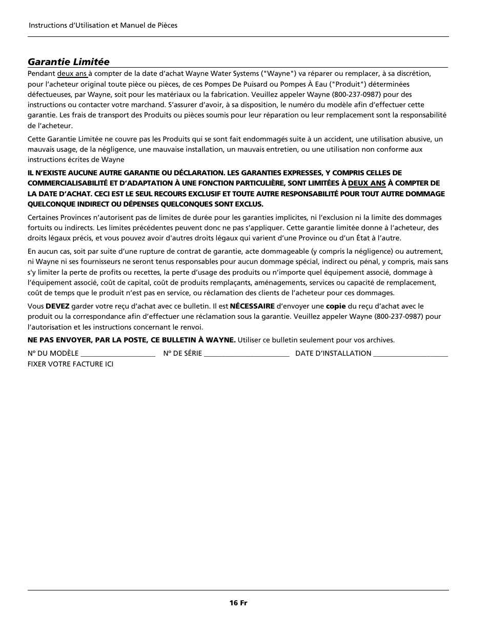 Garantie limitée | Wayne 352205-001 User Manual | Page 16 / 24
