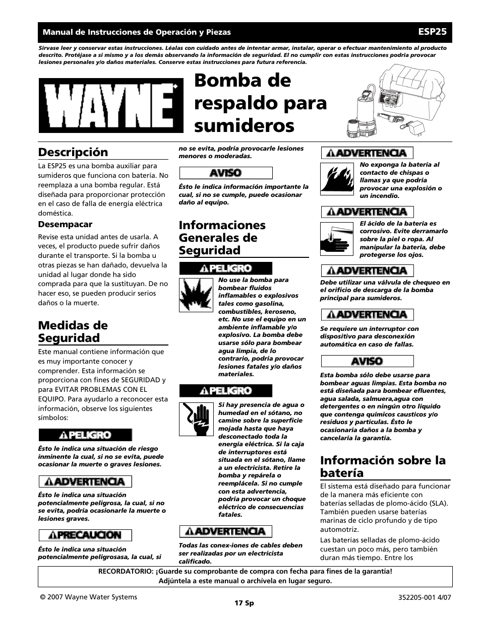 Bomba de respaldo para sumideros, Información sobre la batería, Descripción | Medidas de seguridad, Informaciones generales de seguridad | Wayne 352205-001 User Manual | Page 17 / 24