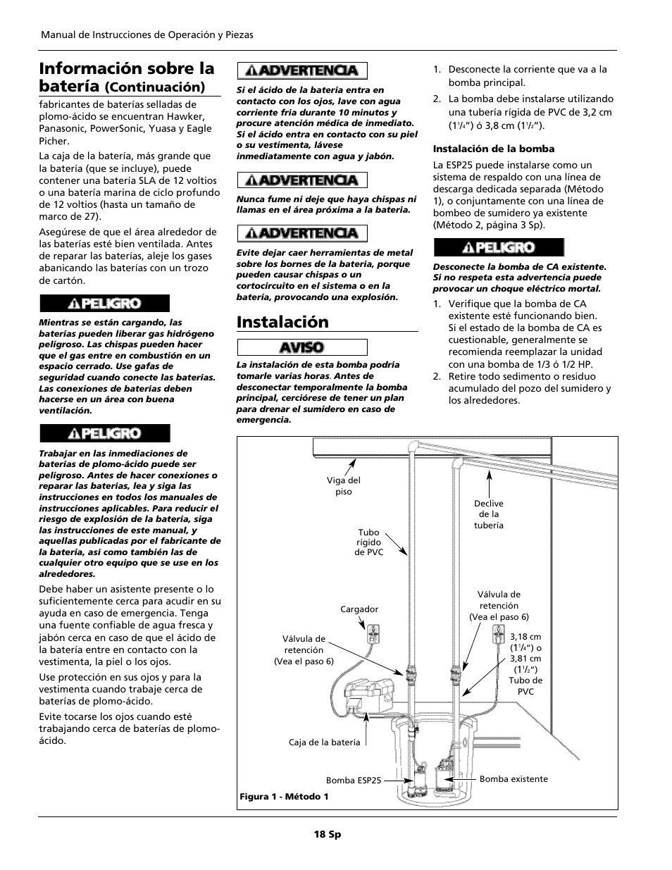 Información sobre la batería, Instalación, Continuación) | Wayne 352205-001 User Manual | Page 18 / 24