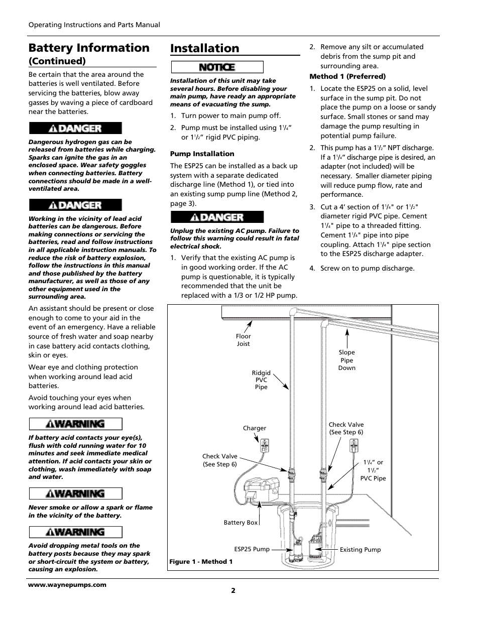 Battery information, Installation, Continued) | Wayne 352205-001 User Manual | Page 2 / 24