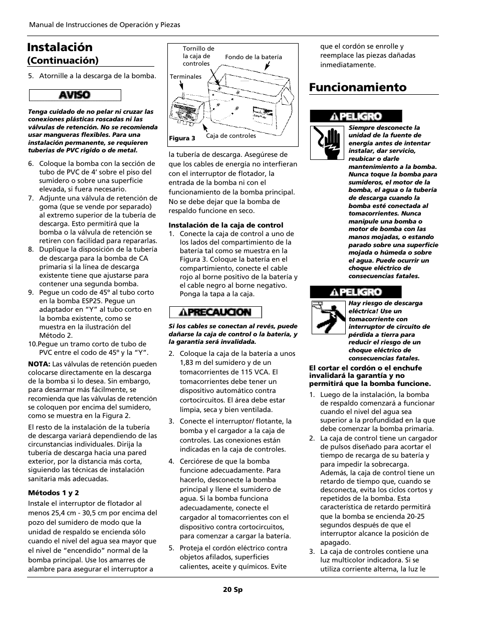 Funcionamiento, Instalación, Continuación) | Wayne 352205-001 User Manual | Page 20 / 24