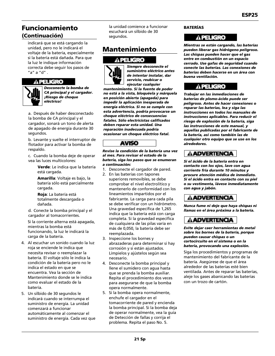 Mantenimiento, Funcionamiento, Esp25 | Continuación) | Wayne 352205-001 User Manual | Page 21 / 24