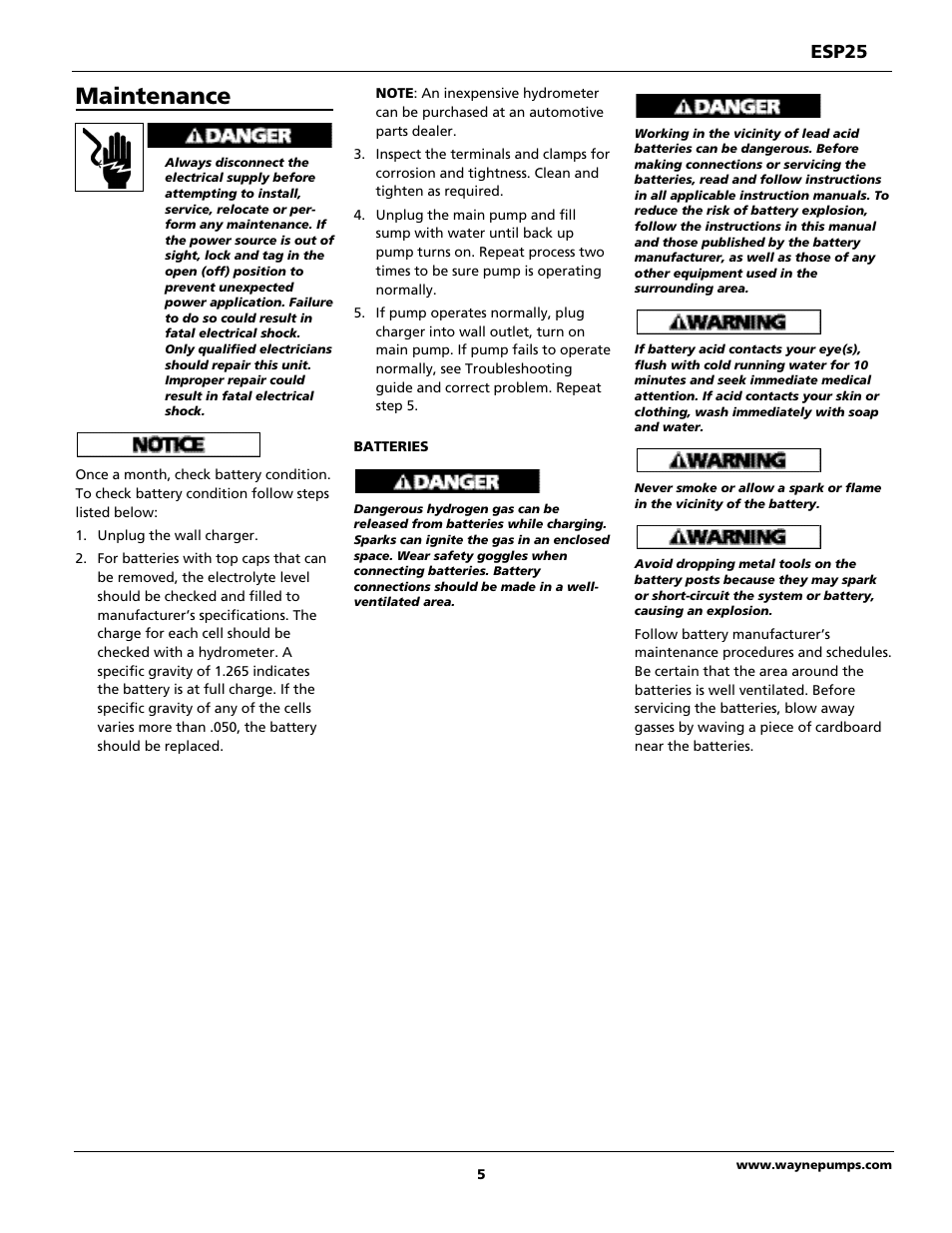 Maintenance, Esp25 | Wayne 352205-001 User Manual | Page 5 / 24
