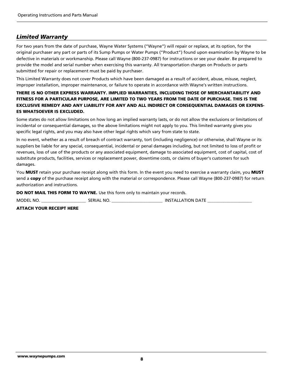 Limited warranty | Wayne 352205-001 User Manual | Page 8 / 24
