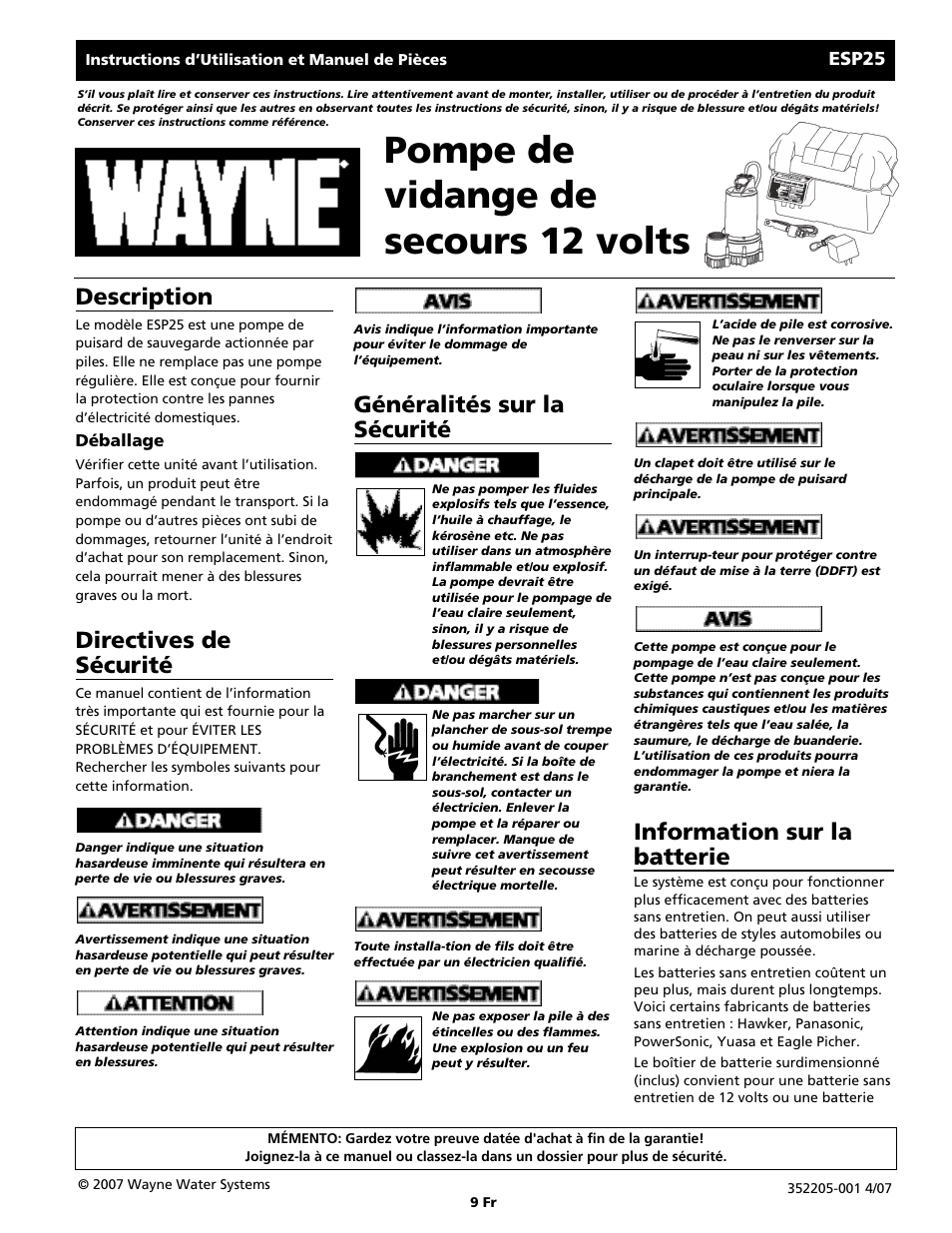 Pompe de vidange de secours 12 volts, Description, Directives de sécurité | Généralités sur la sécurité, Information sur la batterie | Wayne 352205-001 User Manual | Page 9 / 24