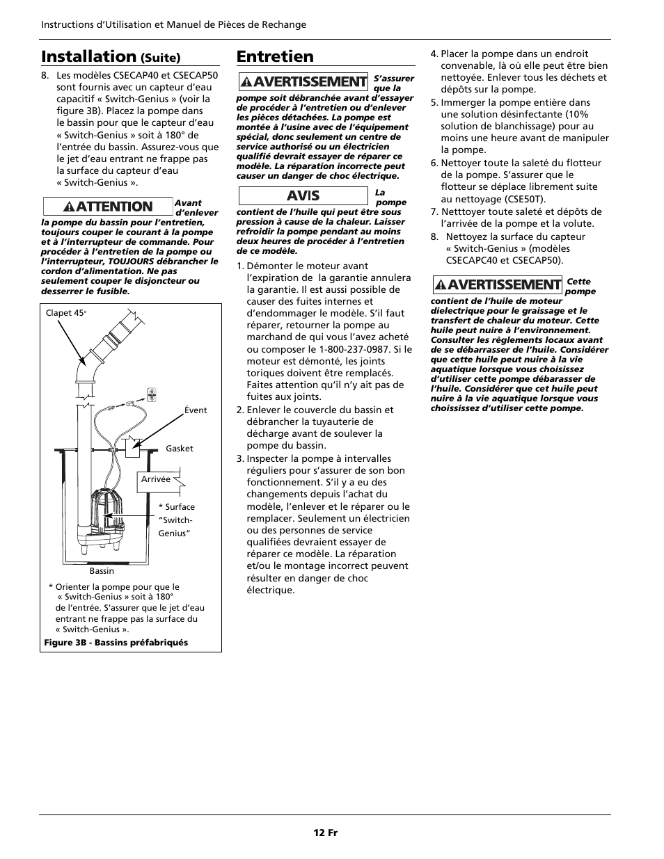 Entretien, Installation, Suite) | Wayne CSECAP50 User Manual | Page 12 / 24