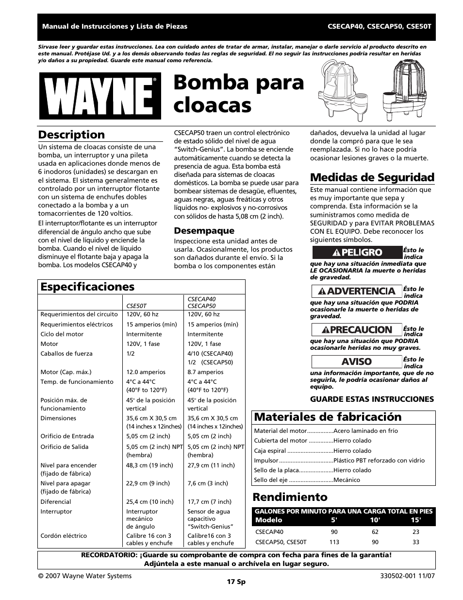 Bomba para cloacas, Description, Medidas de seguridad | Materiales de fabricación, Rendimiento, Especificaciones, Desempaque | Wayne CSECAP50 User Manual | Page 17 / 24