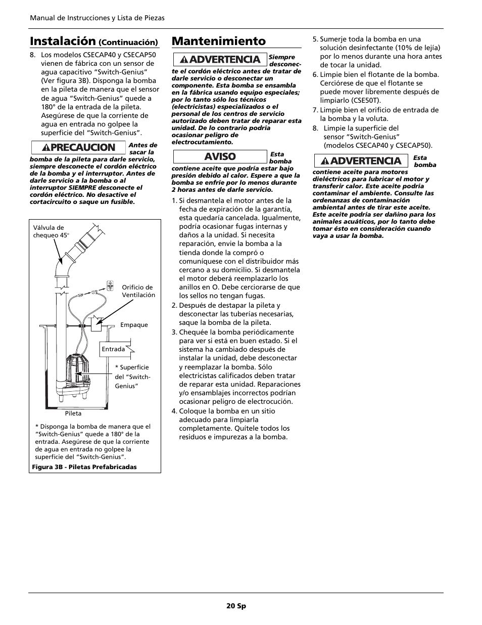 Mantenimiento, Instalación | Wayne CSECAP50 User Manual | Page 20 / 24