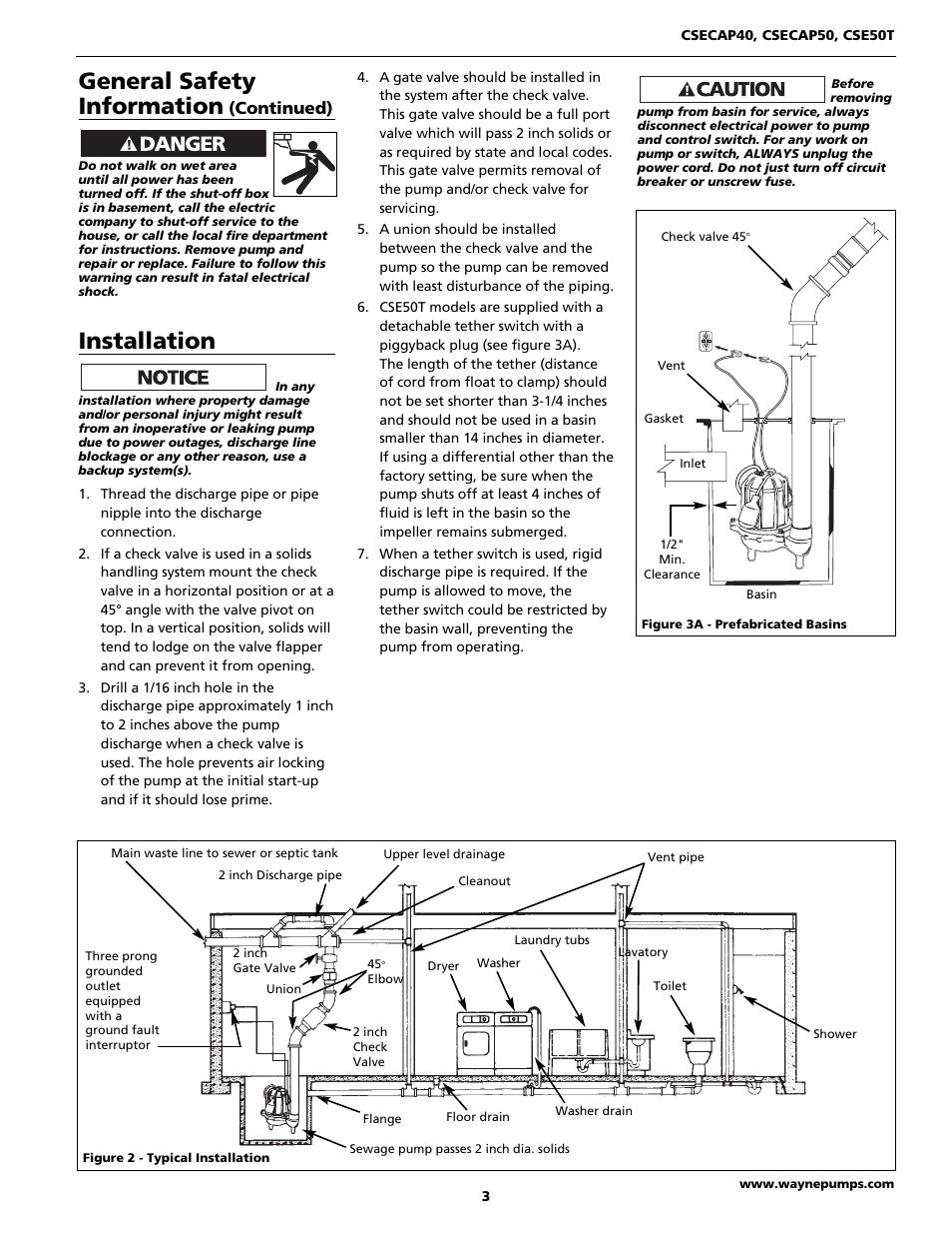 General safety information, Installation, Continued) | Wayne CSECAP50 User Manual | Page 3 / 24