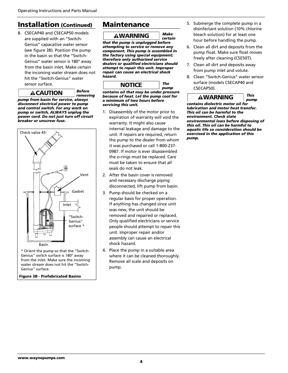 Maintenance, Installation, Continued) | Wayne CSECAP50 User Manual | Page 4 / 24