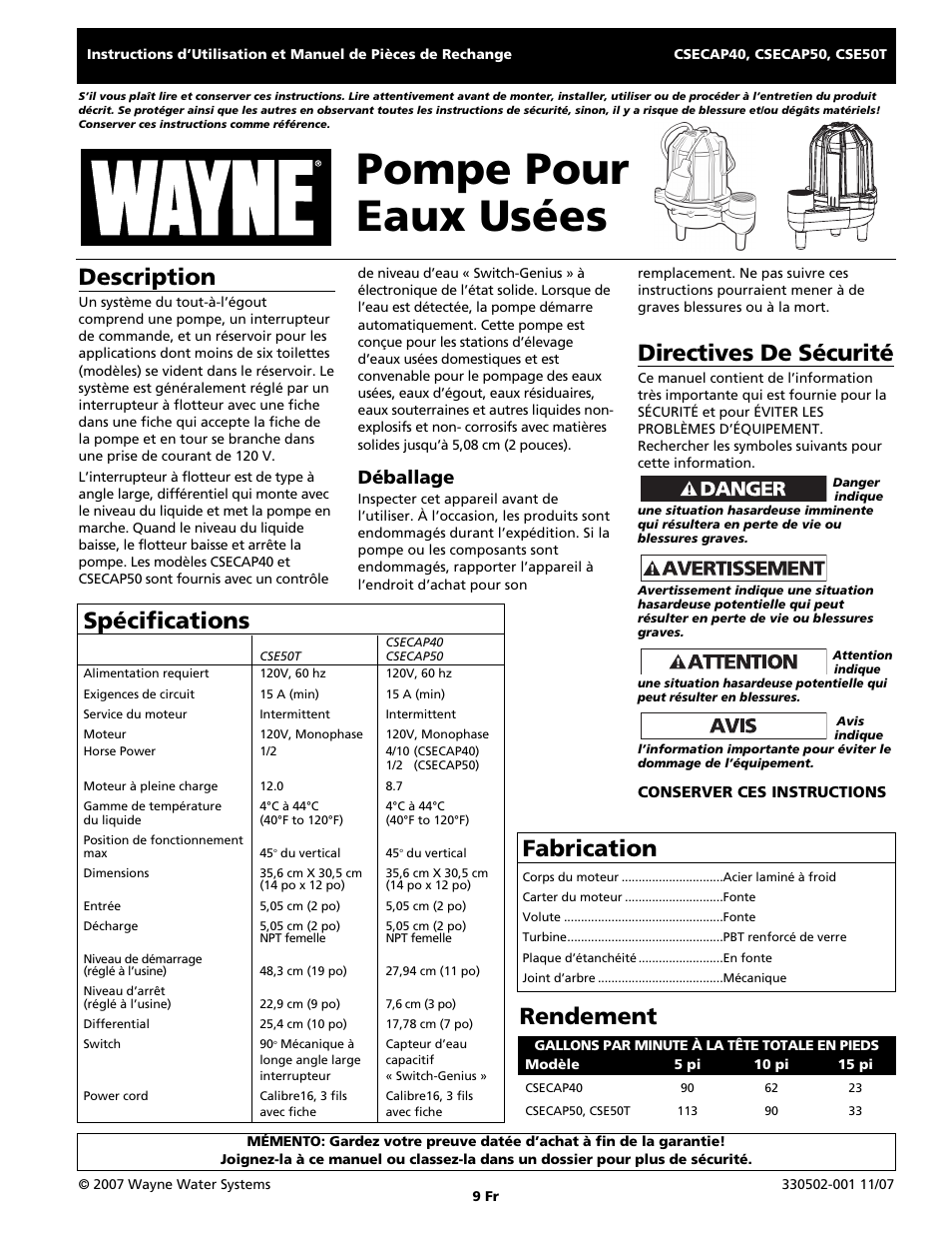 Pompe pour eaux usées, Spécifications, Description | Directives de sécurité, Fabrication, Rendement, Déballage | Wayne CSECAP50 User Manual | Page 9 / 24