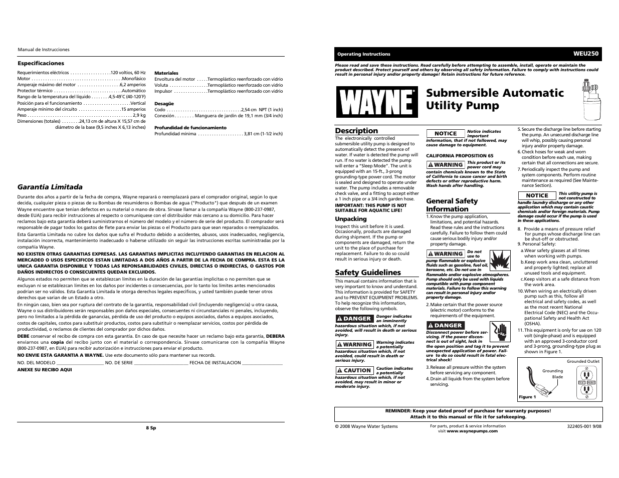 Wayne Submersible Automatic Utility Pump WEU250 User Manual | 4 pages