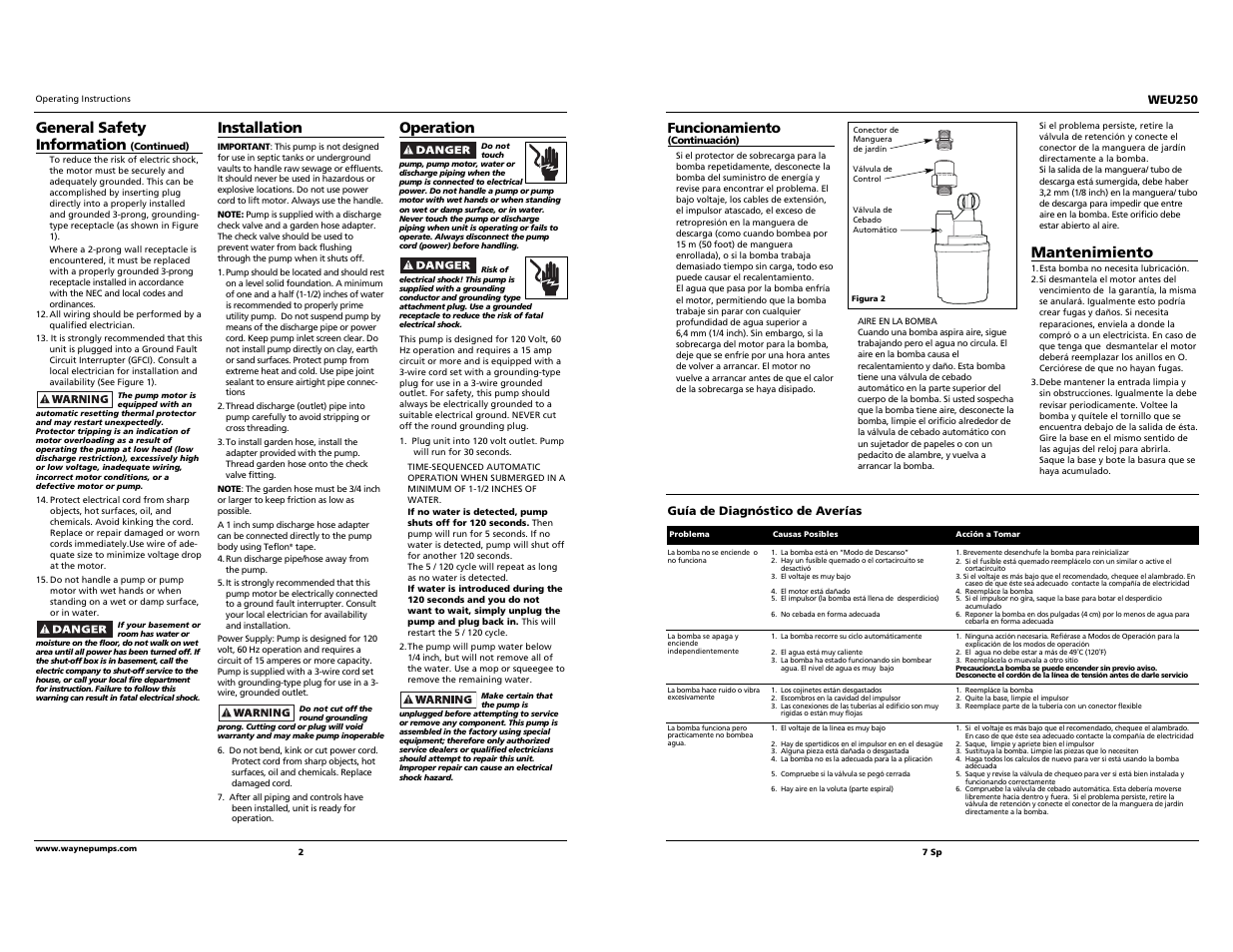 Mantenimiento, General safety information, Installation | Operation, Funcionamiento | Wayne Submersible Automatic Utility Pump WEU250 User Manual | Page 2 / 4