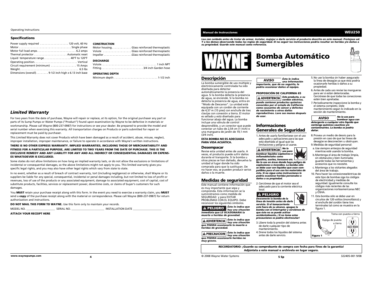 Bomba automático sumergibles | Wayne Submersible Automatic Utility Pump WEU250 User Manual | Page 4 / 4
