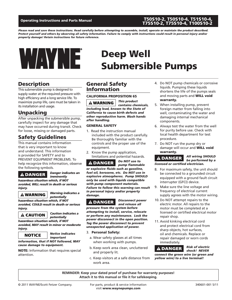 Wayne SUBMERSIBLE PUMPS T75S10-2 User Manual | 28 pages