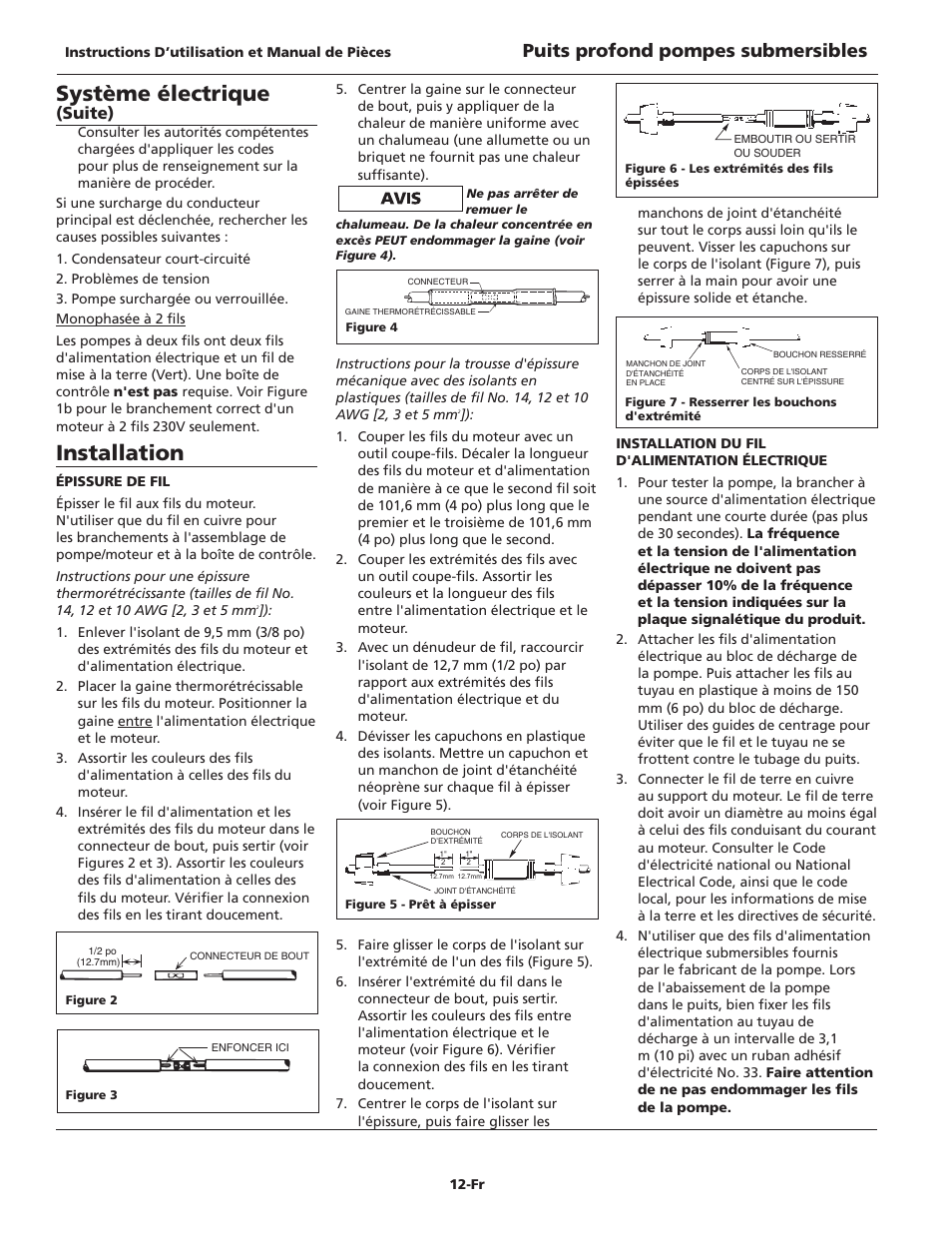 Système électrique, Installation, Puits profond pompes submersibles | Suite) | Wayne SUBMERSIBLE PUMPS T75S10-2 User Manual | Page 12 / 28