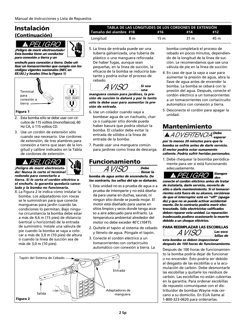 Instalación, Funcionamiento, Mantenimiento | Continuación) | Wayne 321304-001 User Manual | Page 10 / 12