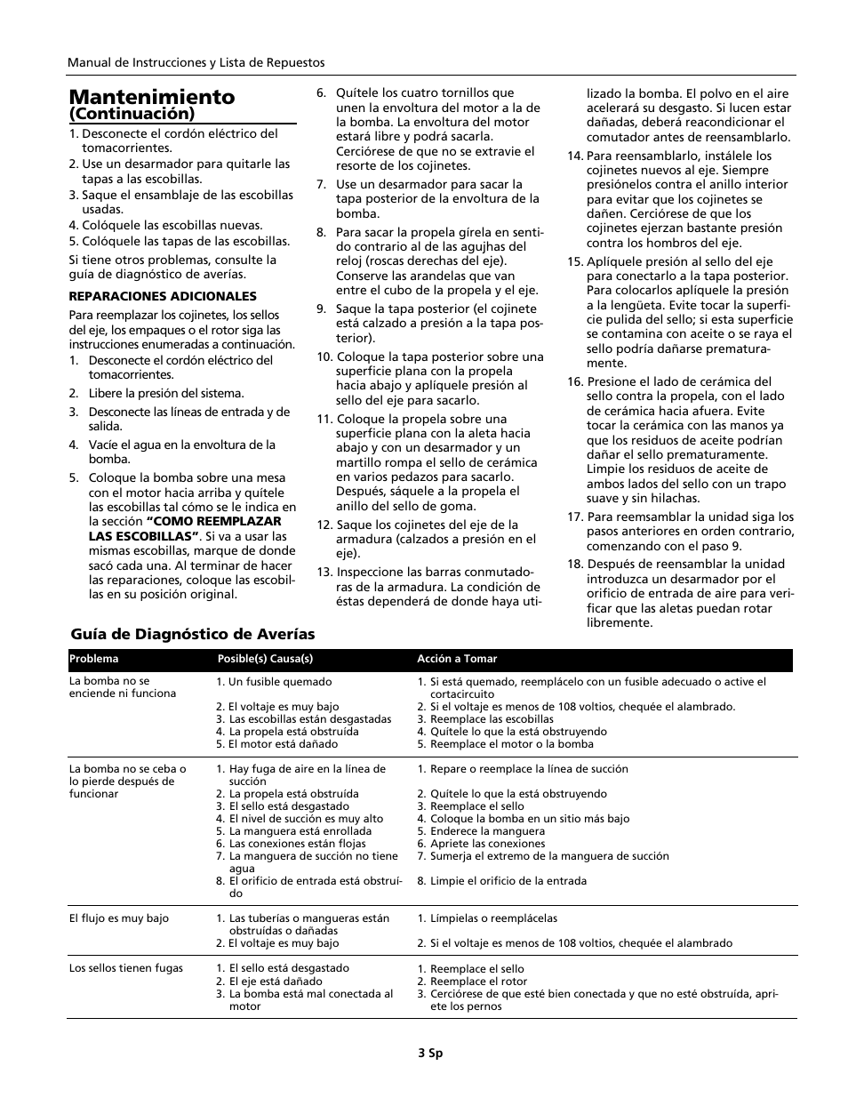 Mantenimiento, Continuación), Guía de diagnóstico de averías | Wayne 321304-001 User Manual | Page 11 / 12