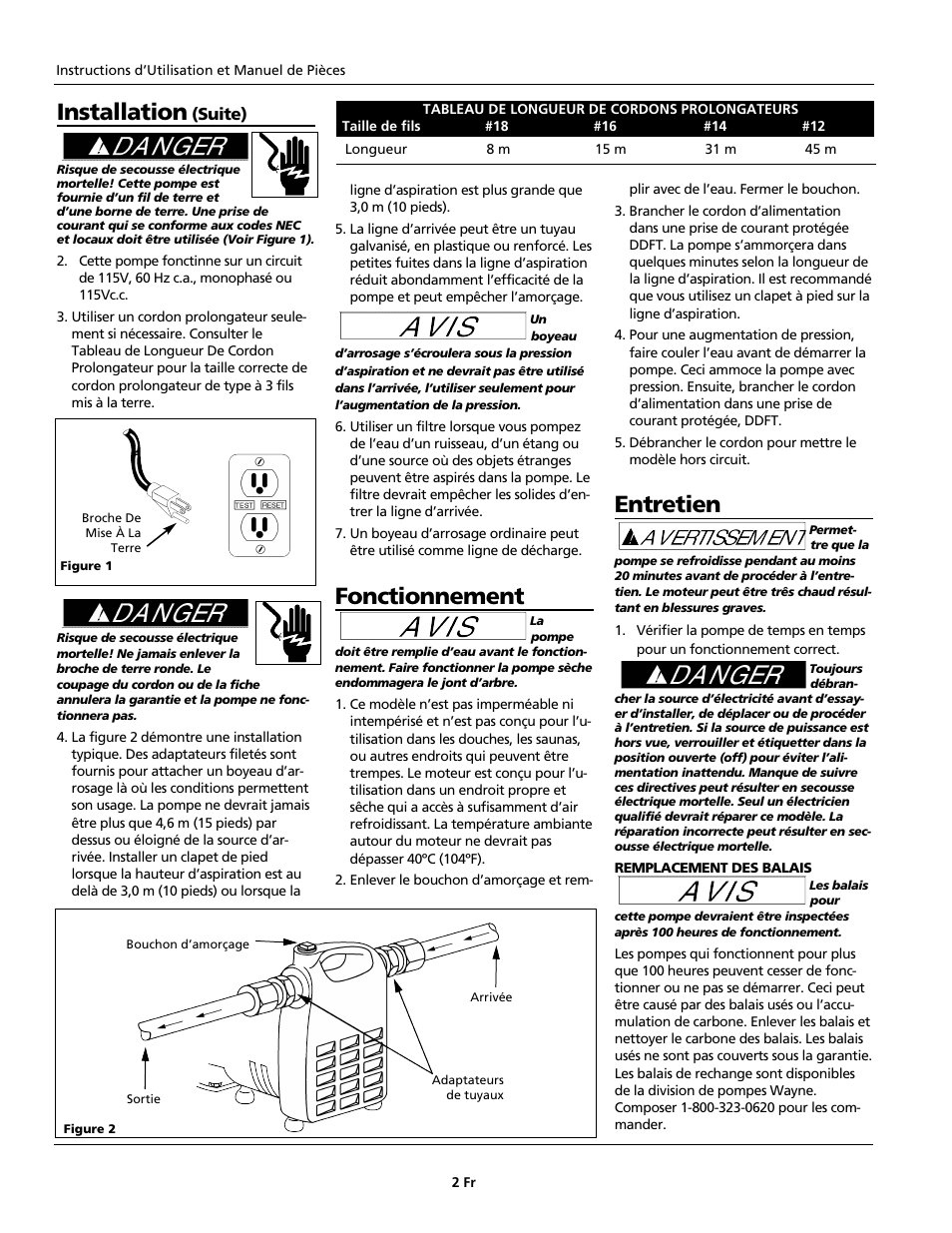 Fonctionnement, Installation, Entretien | Wayne 321304-001 User Manual | Page 6 / 12