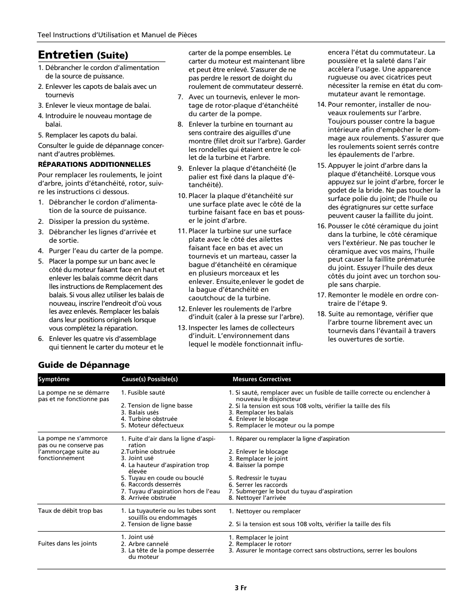 Entretien, Suite), Guide de dépannage | Wayne 321304-001 User Manual | Page 7 / 12