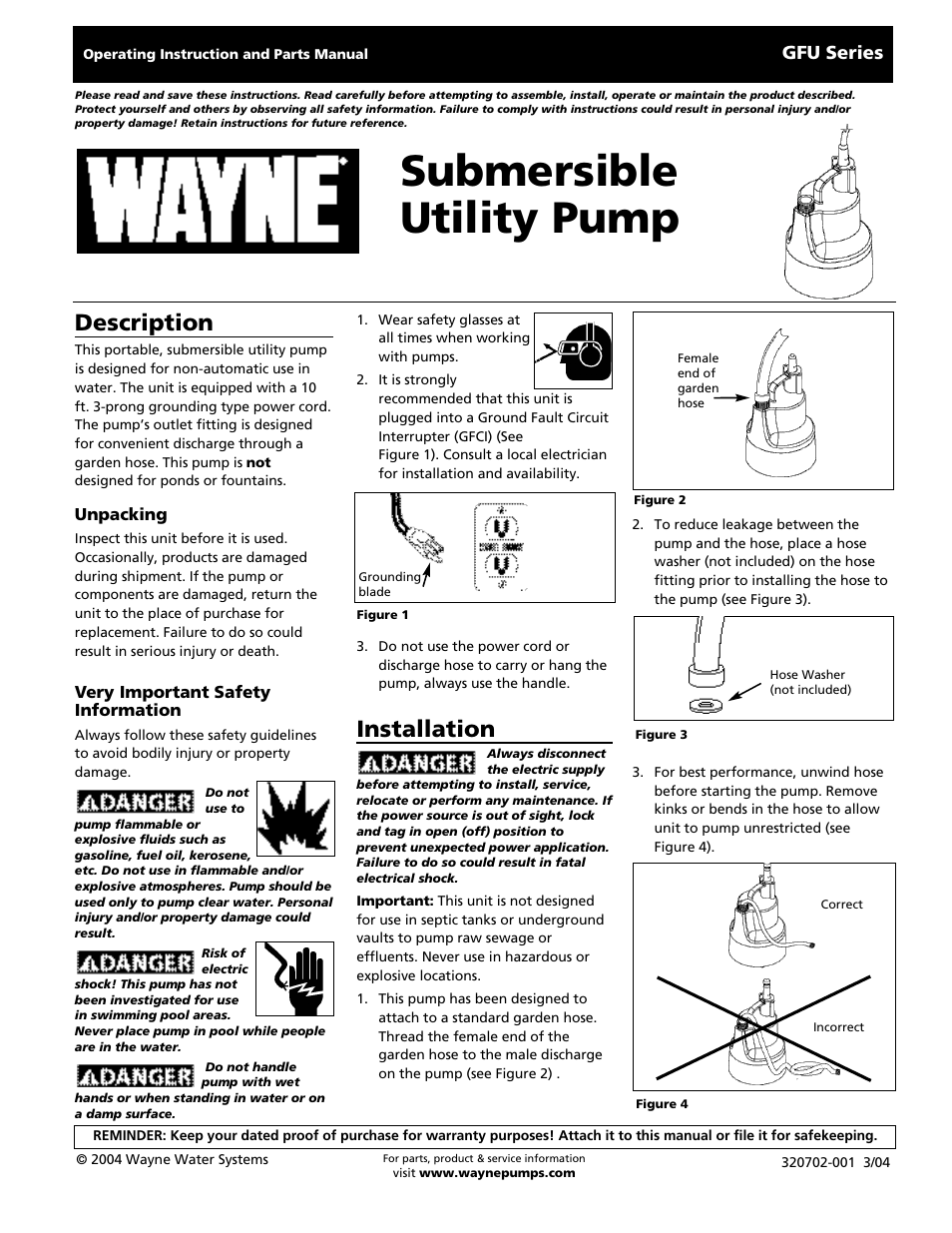 Wayne GFU Series User Manual | 8 pages