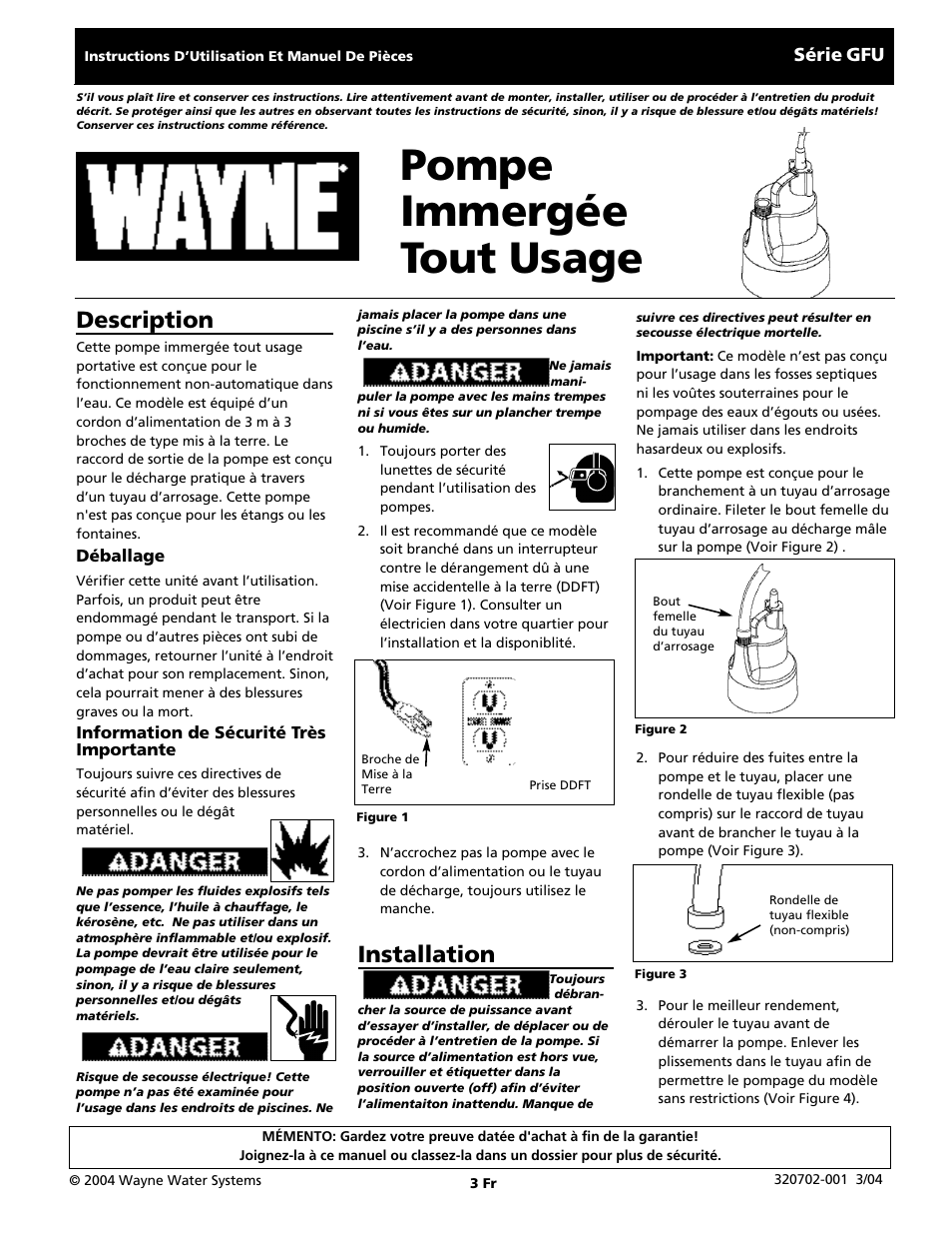 Pompe immergée tout usage, Description, Installation | Série gfu | Wayne GFU Series User Manual | Page 3 / 8