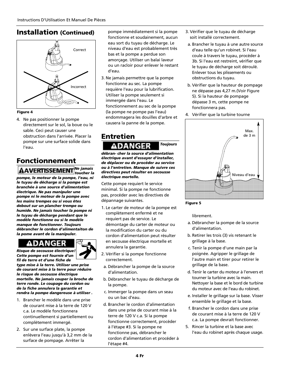 Installation, Fonctionnement, Entretien | Continued) | Wayne GFU Series User Manual | Page 4 / 8