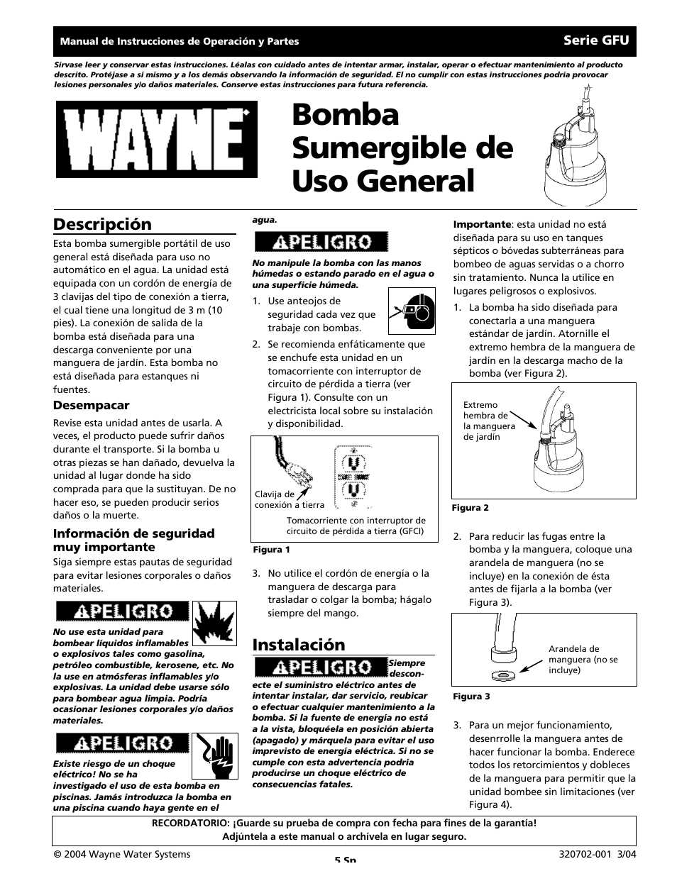 Bomba sumergible de uso general, Descripción, Instalación | Wayne GFU Series User Manual | Page 5 / 8
