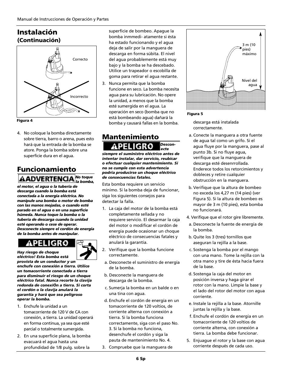 Mantenimiento, Instalación, Funcionamiento | Continuación) | Wayne GFU Series User Manual | Page 6 / 8