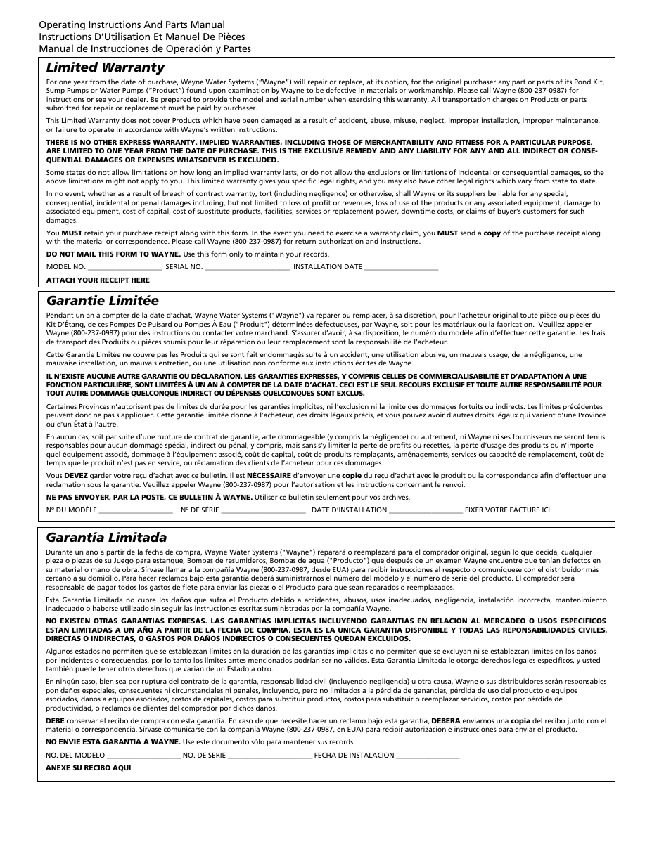 Limited warranty, Garantie limitée, Garantía limitada | Wayne GFU Series User Manual | Page 8 / 8
